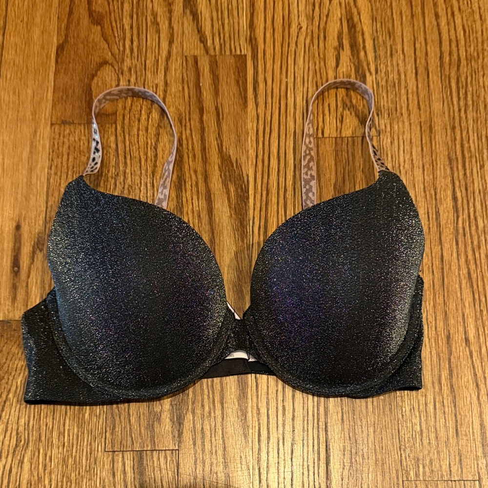 Victoria's Secret Black Shimmer Push-Up Bra with Leopard-Print Straps, 34D